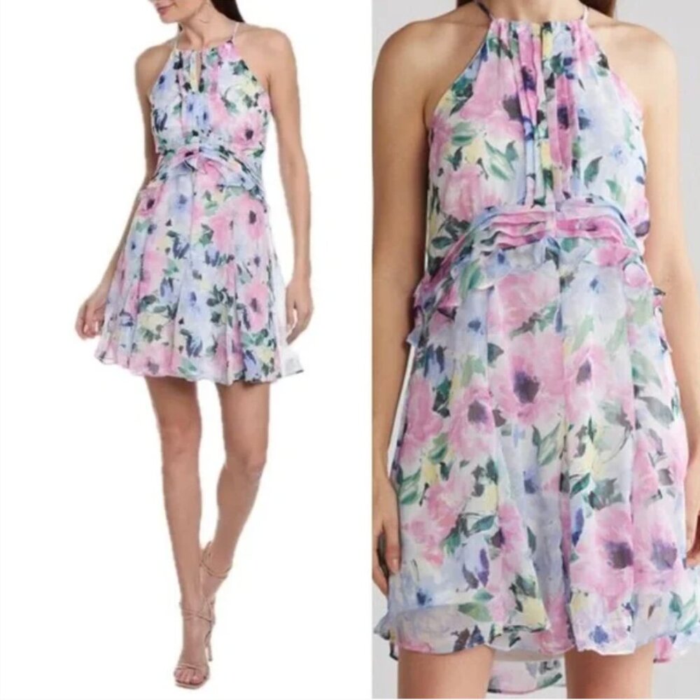 TAHARI Arthur S. Levine sz 10 Sheer Flowy Halter Neck Dress Cut Out Purple Pink